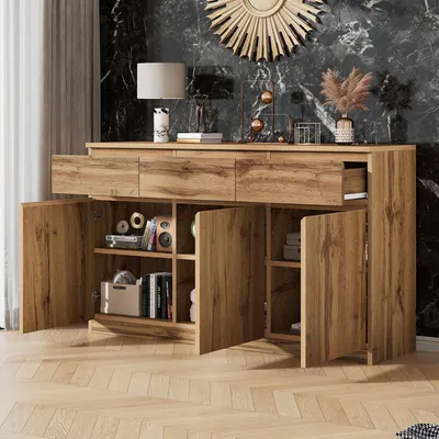 Produktbild von MODFU Sideboard Holz,Kommode mit 3 Türen und 3 Schubladen,Beistellschrank mit verstellbarem Regal für Wohnzimmer,Holzoptik