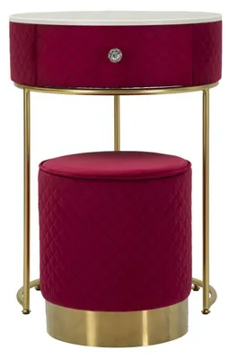 Immagine prodotto di Comodino toletta Vellit rosso con pouf abbinato in velluto matelassé e oro Ø52x70 cm