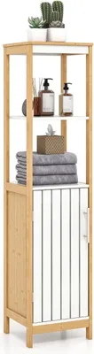 Image de Meuble de salle de bain étroit en bambou avec étagère réglable