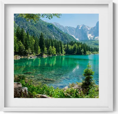 Produktbild von Berglandschaft mit einem See im Wald– Wandbild mit Rahmen – Gerahmtes Bild  – Wanddekoration – 50x50 cm –  Weiß Rahmen