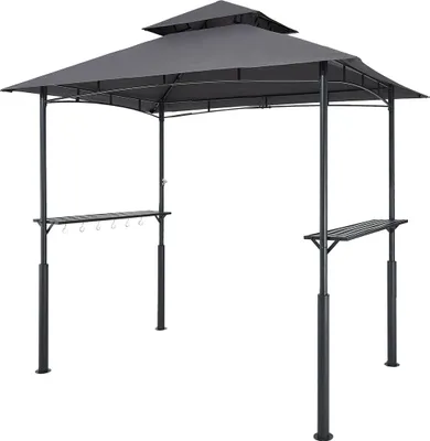 Produktbild von Grill-Pavillon, 2,43 x 1,5 m Verstärkter Outdoor-Grill-Pavillon mit doppelstöckigem Dach, pulverbeschichteter Stahl-Terrassengrillüberdachung mit 2 Seitenablagen und 8 Haken, Grillüberdachung für Terrasse, Hinterhof und Garten