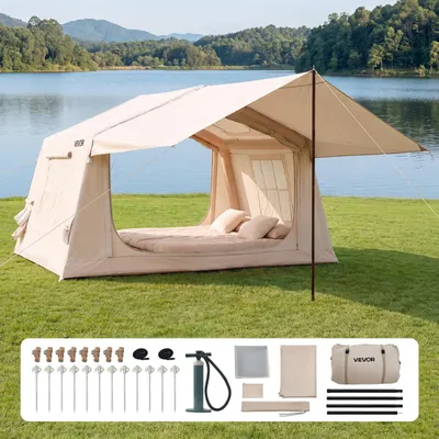 Immagine prodotto di Tenda gonfiabile VEVOR, adatta a 3-5 persone, con pompa e tettoia parasole, color beige, ideale per attività all'aperto. Realizzata in tessuto Oxford 420D resistente all'acqua, con finestra sul tetto, passaggio per canna fumaria e finestre a rete. Design stabile contro il vento