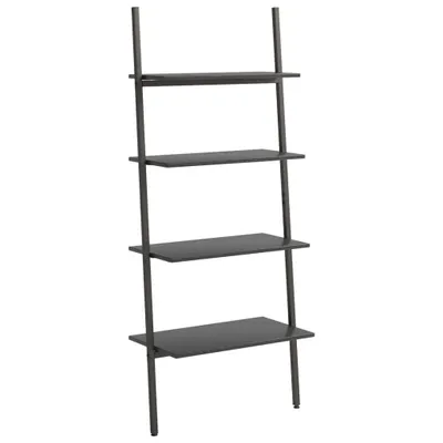 A black ladder shelf with four shelves against a white background.