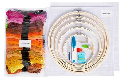 Stickerei-Starter-Kit mit 100 Farben Garn, 5 Bambusrahmen, Nadeln