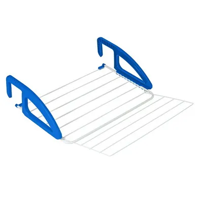 A white and blue drying rack for laundry.