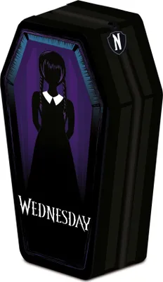 A coffin-shaped pencil case with a silhouette of Wednesday Addams on the front.