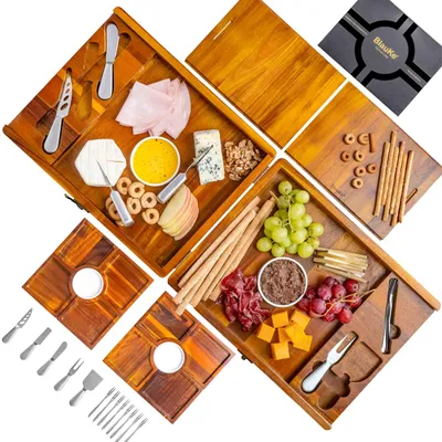 Produktbild von Käsebrett mit Käsemesser Set für Große Gruppen – Akazienholz Servierbrett, Ein Upgrade von Bambus Charcuterie Boards und Cheese Boards
