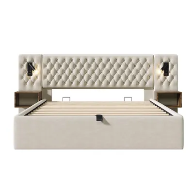 Produktbild von Flieks Hydraulisches Polsterbett 180x200cm mit USB und Nachttisch, Doppelbett Boxspringbett mit Leselampe, Stauraumbett Holzbett Samt, Beige