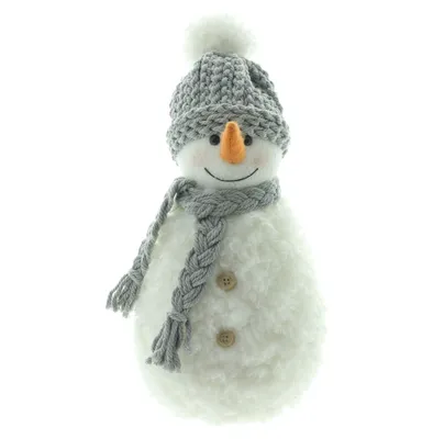 Produktbild von Deko-Schneemann Fluffy Weiß Grau 34 cm hoch mit Schal und Mütze Weihnachtsdeko
