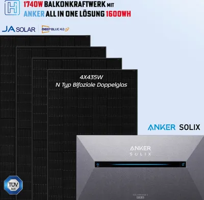 Produktbild von Balkonkraftwerk mit Anker All-in-One Lösung für Heimspeicher(1600WH) mit 1740W N typ Glas-Glas Vollschwarz Solarmodule und Smarter Zähle