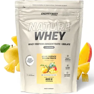Produktbild von Energybody Nature Whey Gelbe Früchte, Proteinpulver ohne künstliche Verdickungsmittel, Whey Isolat und Konzentrat, 600 g Beutel