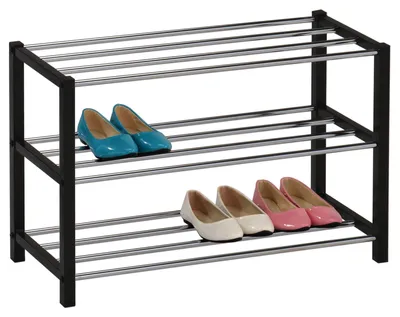 Produktbild von Schuhregal DUBLIN mit 3 Ablagen in schwarz. Robuste Schuhablage mit Metallrahmen, edel verchromt. Ideal für Flur und Diele.