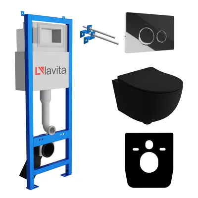 Produktbild von Lavita LAV 101 Vorwandelement für WC 40cm + Wand Hänge Tiefspül WC BRAVA Schwarz Spülrandlos + Bedienplatte LAV 200.4.2 Verchromt | Komplettset | Unterputz Spülkasten | Toilette Komplett Sett