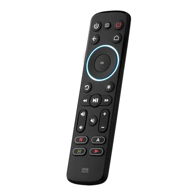 A black remote control is shown against a white background.