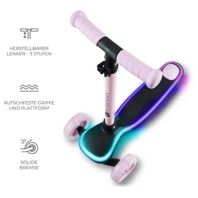 Zdjęcie produktu dla Kinderkraft RAKET - Hulajnoga dla dzieci - 3 kółka - Podest LED i kółka RGB - Regulowana wysokość - Składana - Od 2 lat - Do 50 kg - Różowa