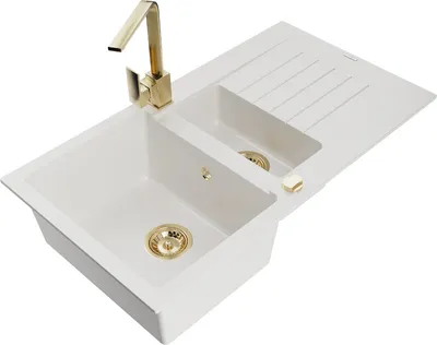 Produktbild von Mexen Matias 1,5-Becken-Granitspüle mit Abtropffläche und Mischbatterie Rita, Weiß - 6502-20-670300-50