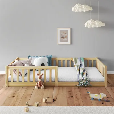 Produktbild von Bodenbett GUSTAVO mit Rausfallschutz Kiefer Massiv – Natur 90 x 190 cm Bodenbett mit Rausfallschutz Montessori-Kinderbett