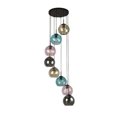 Produktbild von Hängelampe Metall Glas D: 54 cm rund H: max. 200 cm Schwarz Bunt E27 Kugel Schirm Retro Hängeleuchte