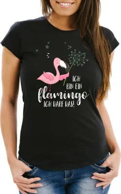 Produktbild von Damen T-Shirt Flamingo Ich bin ein Flamingo ich darf das Spruch Pusteblume Slim Fit tailliert Baumwolle Moonworks® schwarz L