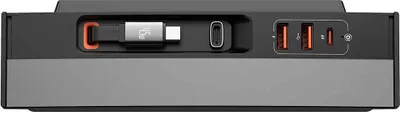 Close-up view of the ports and integrated cable of a black and gray electronic device.