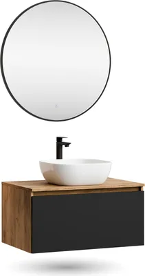 Produktbild von Planetmöbel ARISA Badmöbel Set Schwarz – Mit Veluna LED Spiegel und weißem Keramik-Aufsatzwaschbecken 42 cm