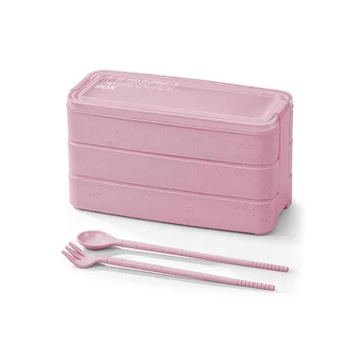 Produktbild von Kuketo | Lunchbox 900 ml 3-stöckig Rosa mit Besteck – Kompakte Brotdose Auslaufsicher für Schule, Arbeit & Reisen – BPA-frei, Leicht & Praktisch