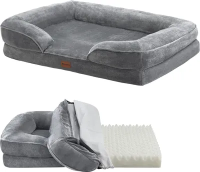 A dog bed and its disassembled components are shown against a white background.