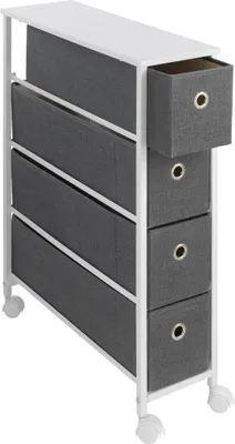 A narrow shelving unit with four fabric drawers and a white top surface, shown on wheels.