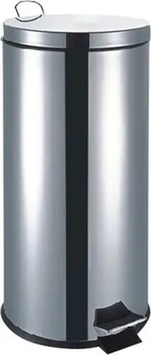 A stainless steel trash can with a pedal.