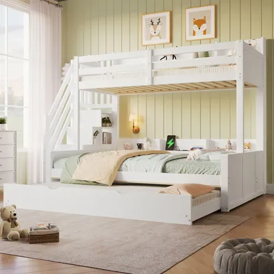 Image de Lit superposé Merax 90x200 cm au-dessus d'un lit 140x200 cm, avec lit tiroir, escalier avec rangement, port USB, étagères, lit superposé, lit pour enfant, blanc