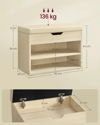 A product image displaying a shoe bench with dimensional annotations and a detail shot of its storage compartment.