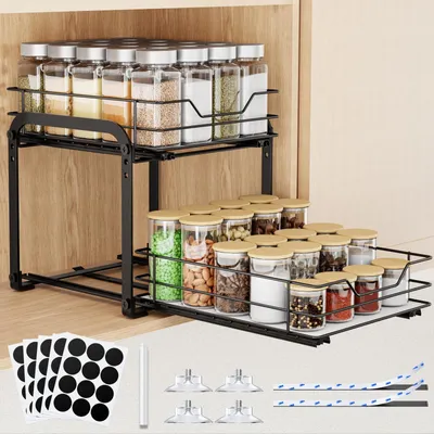 Produktbild von Ausziehbares Gewürzregal mit 2 Ebenen, höhenverstellbarer Küchenschrank-Organizer, freistehend, mit Klebestreifen für Schrank oder Arbeitsplatte, L 26 x B 34,5 x H 23 cm