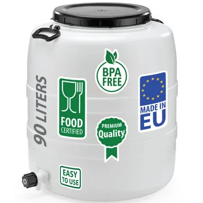 Produktbild von Weithalsfass Fasssilage Gepäcktonne Gärfass Gärbehälter Futtertonne 90 Liter mit Deckel Griffen Hahn Druck weiß