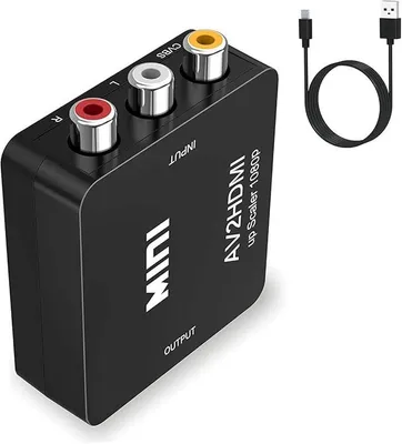 A black AV to HDMI adapter converter with a USB power cable.
