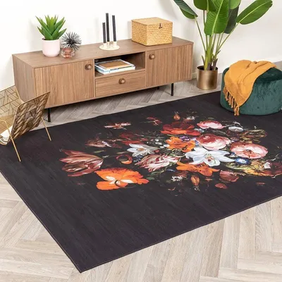 Zdjęcie produktu dla Volero - Dywan w kwiaty - Florine Czarny/Pomarańczowy - 80x150 cm