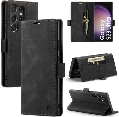 Produktbild von Galaxy S23 Ultra Brieftasche Hülle, Retro Kunstledertasche Stand Schutzhülle für Samsung Galaxy S23 Ultra Schwarz