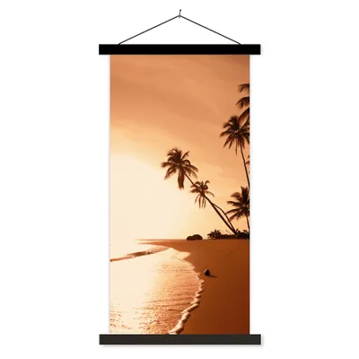 Produktbild von MuchoWow® Textilposter Sonnenuntergang - Tropisch - Palme - Strand - Meer 90x180 cm mit schwarzem Rahmen - Dekoration Wohnzimmer