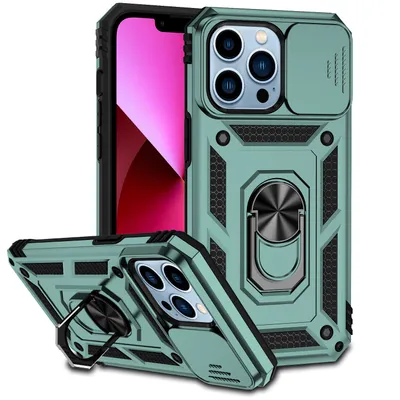 Immagine prodotto di Custodia per iPhone 12 Pro Max a doppio strato con copertura scorrevole della fotocamera e supporto ad anello verde