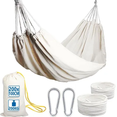 Produktbild von XL Hängematte 200x100cm mit Tasche Seile Karabiner bis 200kg Hängeliege bequemer Stoff