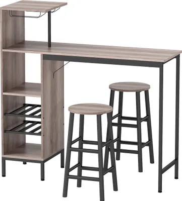 Produktbild von 3-tlg. Bartisch-Set mit Stauraum, Weinregalen, Glashaltern, Hockern mit Fußstütze, für kleine Räume, Grau