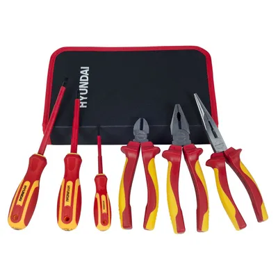 Produktbild von HYUNDAI VDE-Werkzeugset 59417, (6-teilig, Elektriker Werkzeug, Schraubendreher, Kombizange, Seitenschneider, Spitzzange, GS/VDE- bis zu 1000V, Werkzeugtasche)