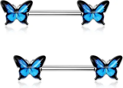 Productafbeelding van Nipple Bars 14G 316L RVS 14mm - Vlinder Epoxy Nipple Ringen - Perfect voor dagelijks gebruik