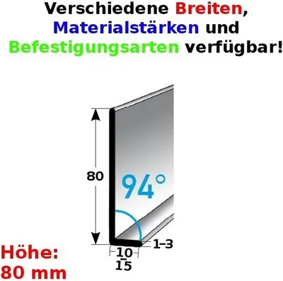 Produktbild von Sockelleiste | Edelstahl | Silber | Breite 10 mm | Höhe 80 mm | Länge 2500 mm | Materialstärke 1 mm | Gebohrt | Fußleiste | 1 Stück