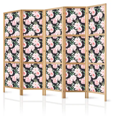 Produktbild von Muralo Japanischer PARAVENT 5-teilig Raumteiler klappbar PREMIUM-Vliesleinwand PFINGSTROSEN für Schlafzimmer 225cmx172cm