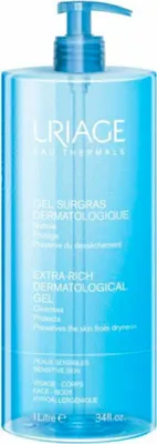A clear product shot of a large bottle of Uriage Extra Rich Dermatological Gel with a pump dispenser.
