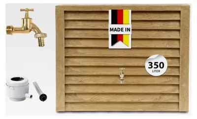 Produktbild von Woody Regentonne Set 350 Liter Lightwood – Wandtank mit Messinghahn und Fallrohranschluss – Frostsichere Regenwassertonne für den Garten – Wasserfass in Holzoptik