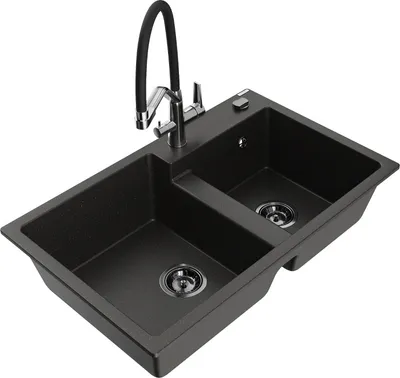 Produktbild von Mexen Tomas 2-Becken-Granitspüle mit Mischbatterie Duo, Schwarz/Gold metallisch - 6516-75-671701-07-B