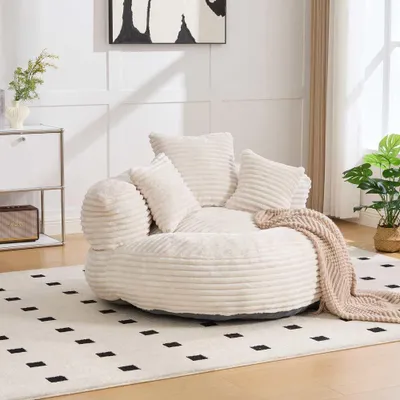 Image de AIORBER Pouf Cord avec dossier haut et accoudoirs, fauteuil beanbag XXL avec 3 coussins, confortable pour adultes et enfants, sans montage, beige