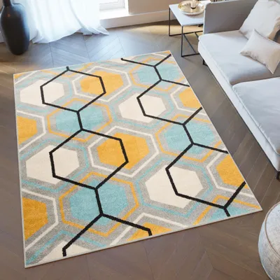 Produktbild von Tapiso Teppich LAZUR Modern Blau Creme Gelb Geometrisch 80 x 150 cm