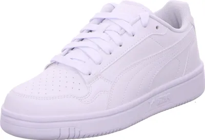 A white Puma sneaker is shown against a white background.